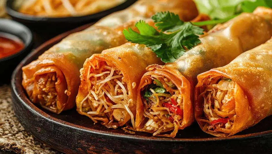 Rangées de rouleaux de printemps dorés sur une assiette en bois sombre, garnies de persil frais.