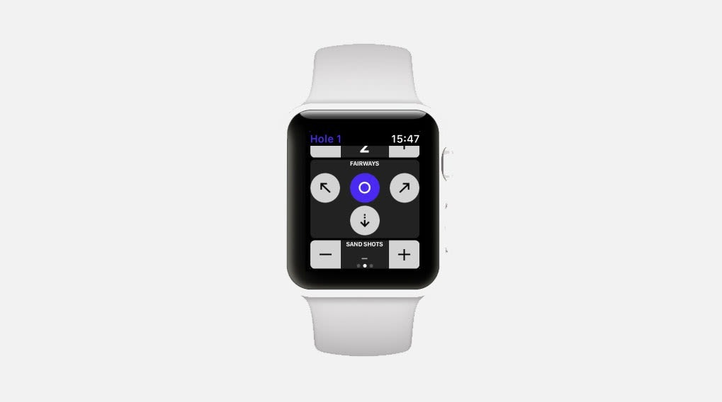 Een witte smartwatch tegen een witte achtergrond toont een golf-app met 'Hole 1' en '15:47' bovenaan, plus navigatie- en 'Sand Shots'-knoppen.
