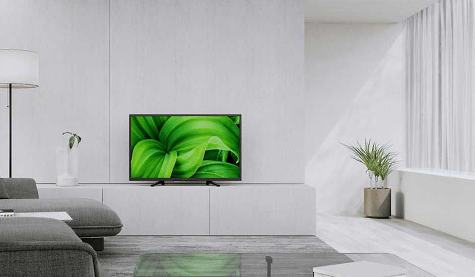 Minimalistische witte woonkamer met kleine tv op lage kast, groen blad op het scherm en enkele planten als accent.