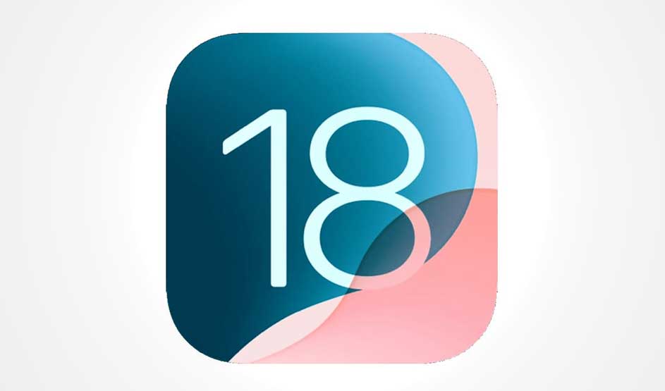 Het iOS 18-logo van Apple met grote witte cijfers op een blauw-roze achtergrond; merk Apple herkenbaar door het design.