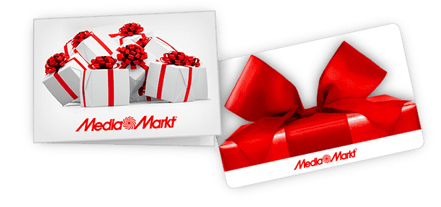 Deux cartes-cadeaux Media Markt sur fond blanc. L'une avec des cadeaux blancs et rouges, l'autre avec un grand nœud rouge.