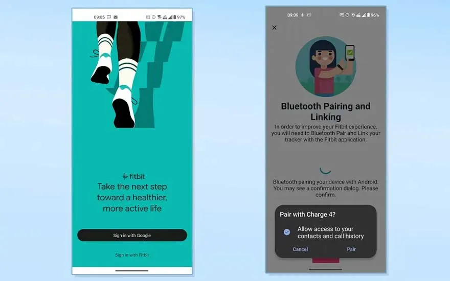 Deux écrans de smartphone affichent l'application Fitbit. L'un a des jambes qui courent sur un fond bleu-vert, l'autre le jumelage Bluetooth.