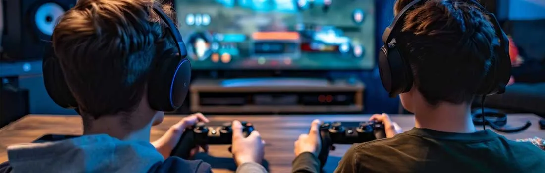 Two boys with headphones play video games together on a big screen in a cosy room, focused and excited.