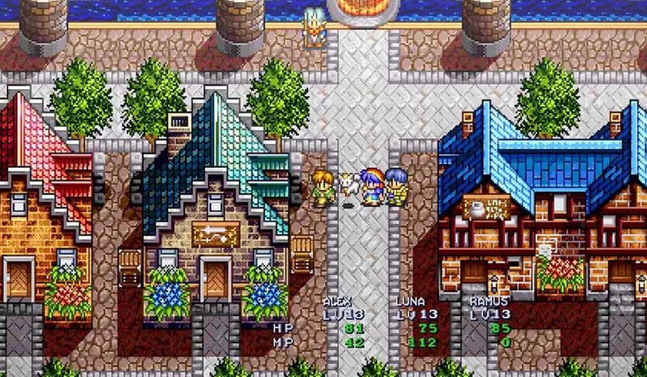 Vue de jeu vidéo pixelisé montrant un village avec des bâtiments colorés et des personnages sur un chemin pavé.