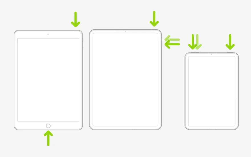 Drie witte tablets van verschillende grootte met groene pijlen die naar de randen wijzen op een witte achtergrond.