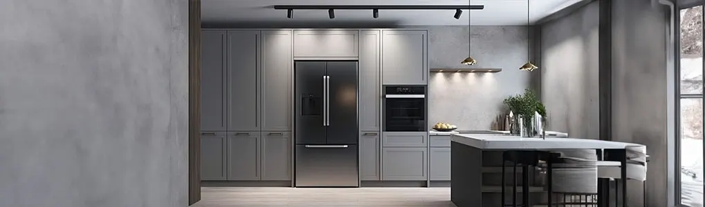 A kitchen scene with a partially open fridge stocked with food, a counter with a pot, decanter, glass of wine and a plate of salad.