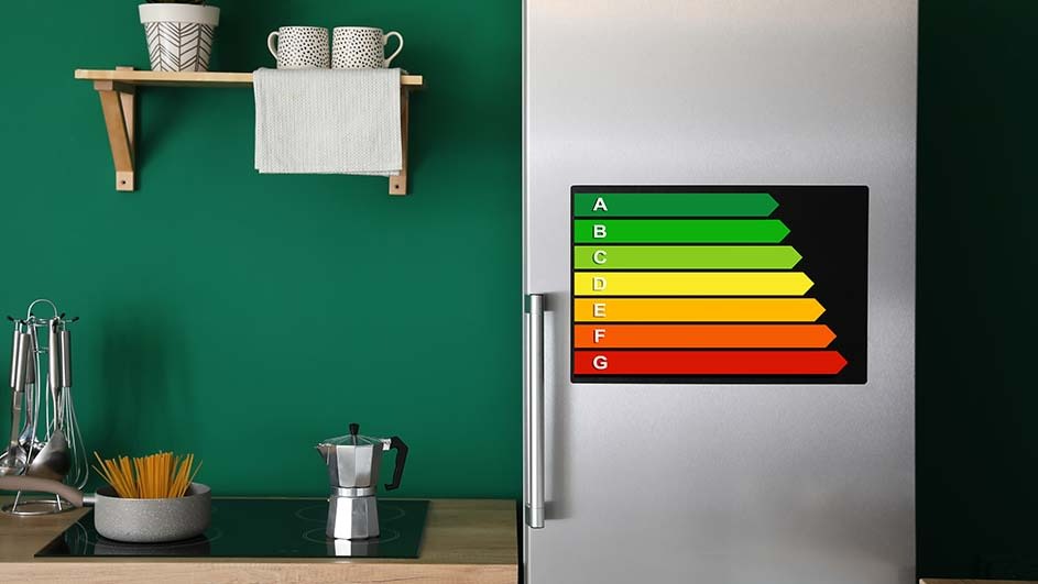 Een keuken met een zilveren koelkast waarop een energielabel staat (A-G). Er is een groene muur, houten plank en kookgerei.