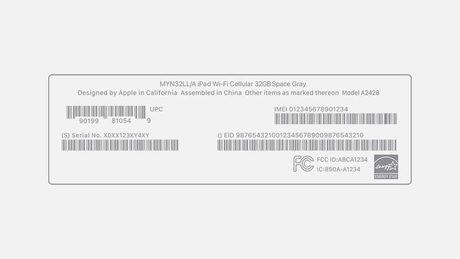 Étiquette grise avec texte, codes-barres, logos FCC et Energy Star sur fond blanc.