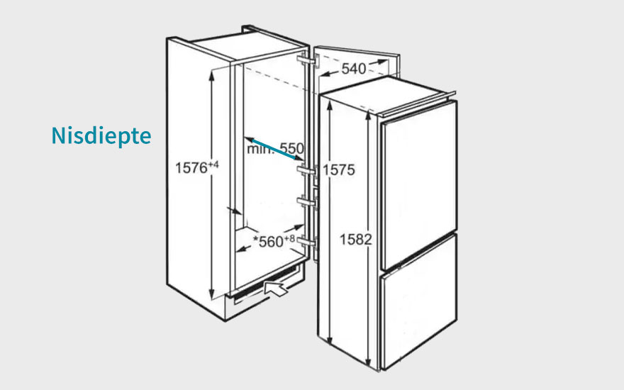 Een technische tekening van een koelkast met afmetingen in millimeters tegen een grijze achtergrond.