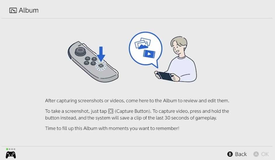 Écran d’explication sur la capture d’écran et de vidéos sur Switch, avec dessin d’une manette et d’une personne regardant un écran.