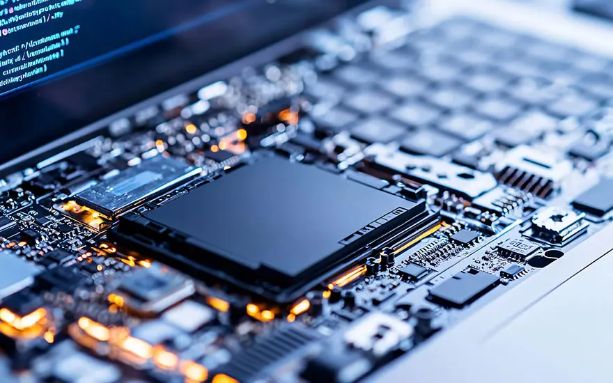 Een close-up van een computer moederbord met een grote, zwarte chip en blauwe code op de achtergrond.