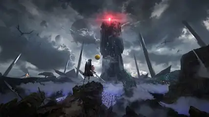 Een donkere, apocalyptische landschap met een mysterieuze toren die rood licht uitstraalt. Gebroken structuren en puin liggen verspreid.