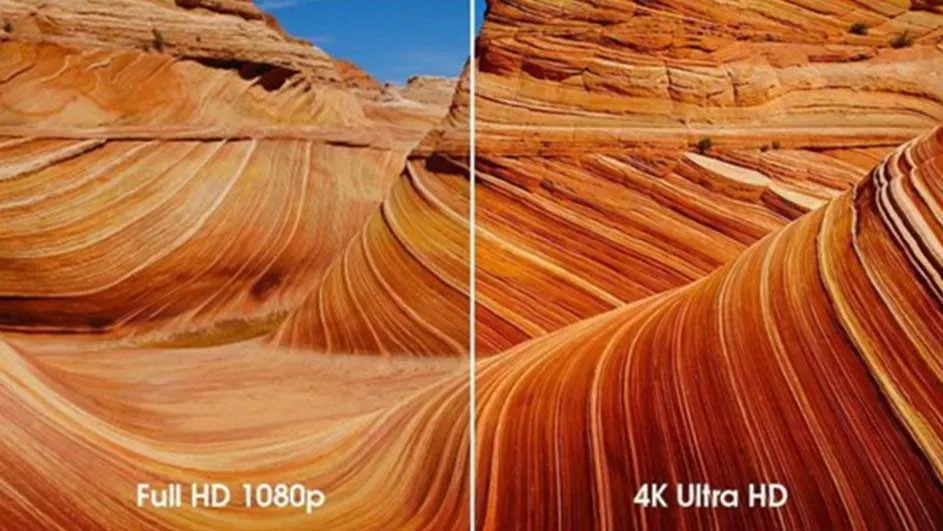 Afbeelding toont rotsformaties, links Full HD 1080p met minder detail, rechts 4K Ultra HD met scherpere lijnen en intensere kleuren.