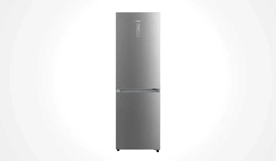 Tall, silver Hisense fridge with two doors, a modern and sleek design, and a freezer at the bottom.