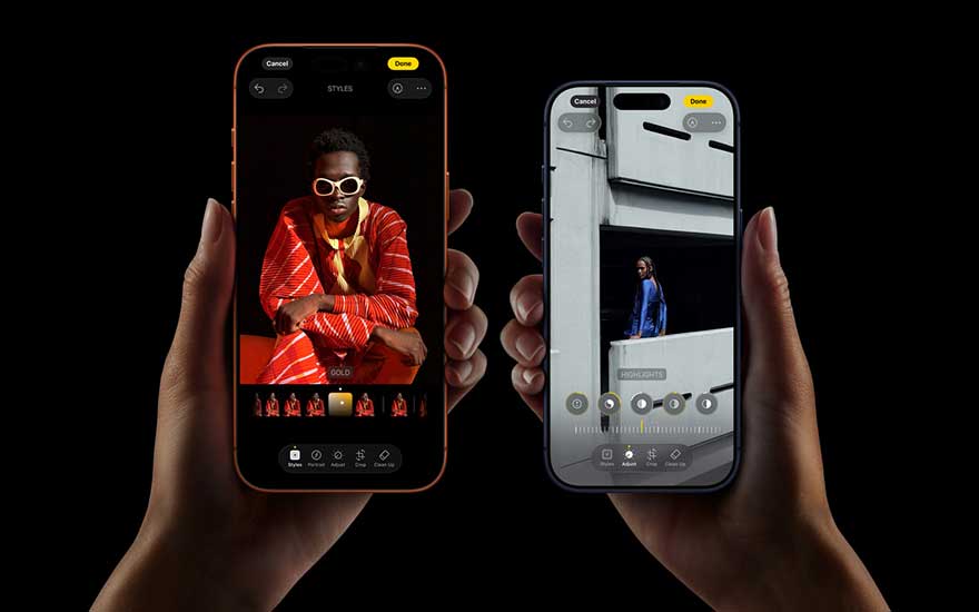 Deux smartphones sont tenus dans des mains sur un fond noir, affichant un portrait coloré sur l’un et une scène urbaine sur l’autre.