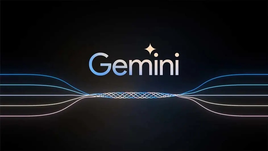 Logo "Gemini" bleu sur fond noir, avec lignes lumineuses convergentes.
