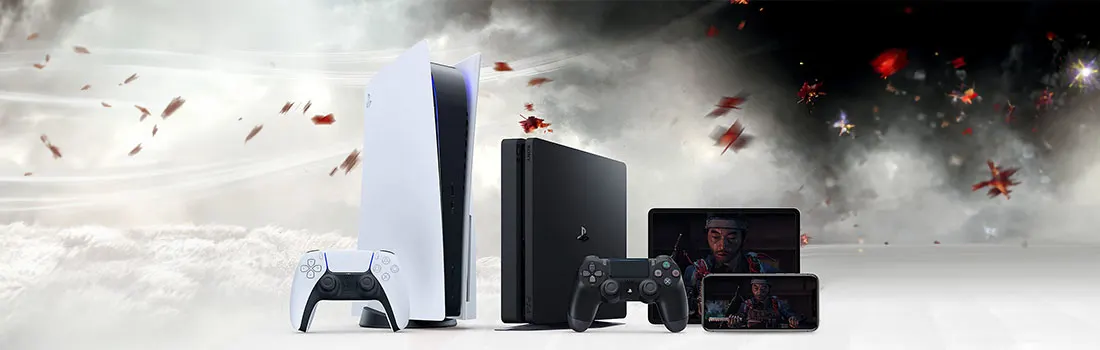 Console blanche et noire avec manettes, écran et smartphone sur fond abstrait avec des formes rouges.