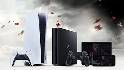 Console blanche et noire avec manettes, écran et smartphone sur fond abstrait avec des formes rouges.