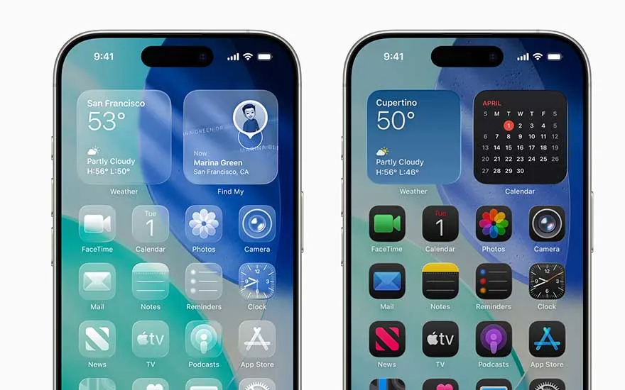 Twee iPhones tonen startschermen met widgets voor weer en kalender, plus kleurrijke app iconen in de vernieuwde iOS 26 interface.