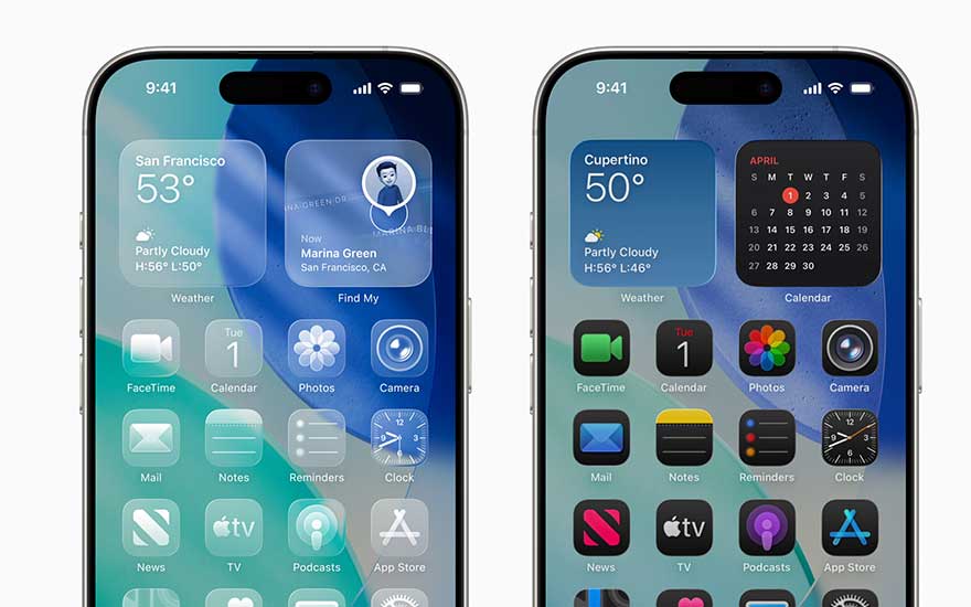 Two iPhones display home screens with large weather and calendar widgets and bright app icons in the refreshed iOS 26 layout.