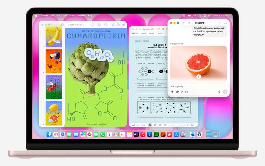 An open MacBook shows colourful study apps with chemical formulas, illustrations and a ChatGPT window displaying a halved grapefruit image.