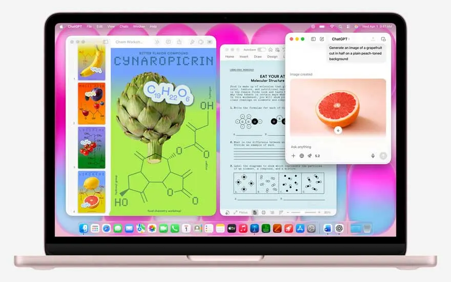 Un MacBook ouvert présente des applis d’étude colorées, formules chimiques, illustrations et une fenêtre ChatGPT montrant un demi pamplemousse.