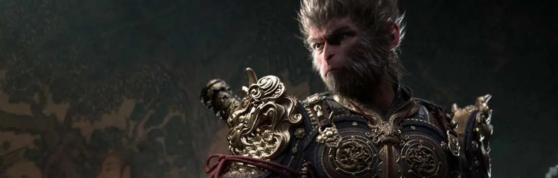 Dit is een videogame. Een woeste apachtige krijger draagt sierlijk, donker harnas en kijkt vastberaden naar voren in een duistere omgeving.
