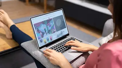 Une personne utilise un ordinateur portable gris sur un coussin. L'écran affiche des images. Le fond est flou.