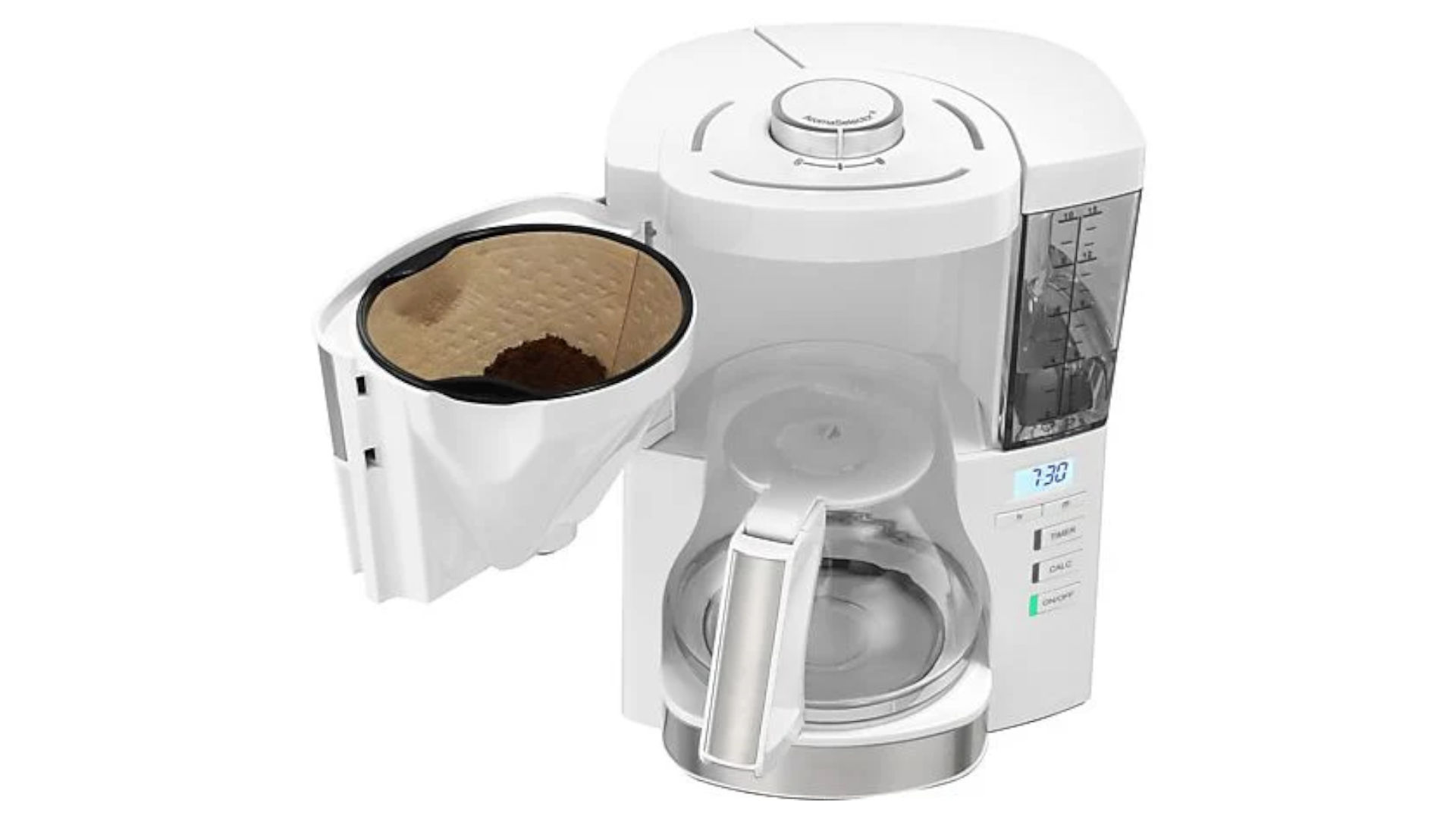 A white coffee maker with an open filter holder filled with coffee, standing on a white background. A glass jug is under the filter.