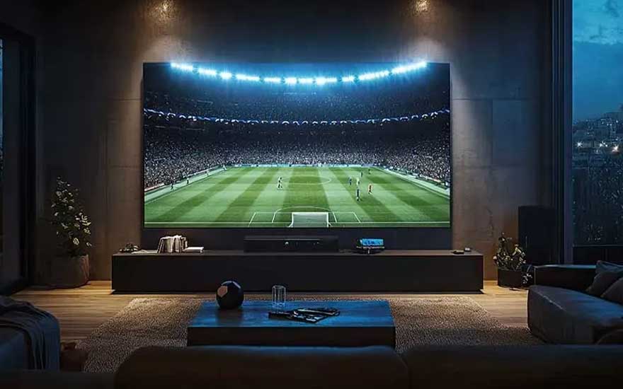 Een enorme tv toont een voetbalstadion in een donkere, luxe woonkamer, met sfeerverlichting en een strakke bioscoopuitstraling.