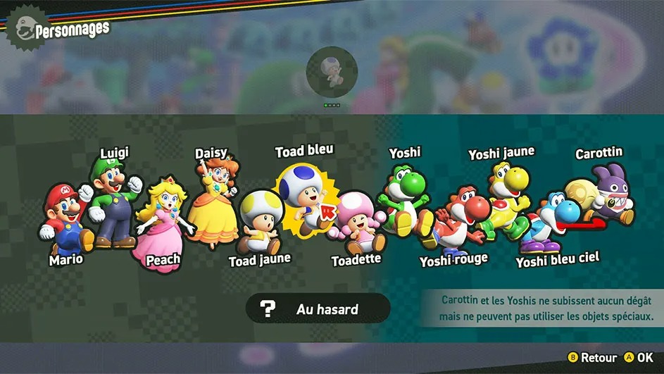 Screenshot from a video game displays character selection screen with Mario, Luigi, Peach, Daisy, Toads, Yoshi and Carottin.