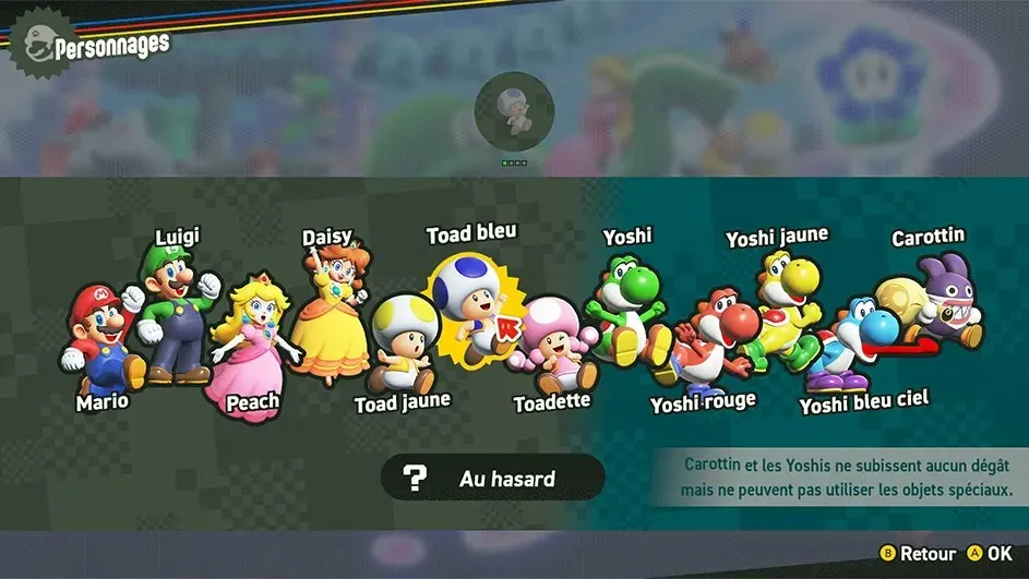 Screenshot from a video game displays character selection screen with Mario, Luigi, Peach, Daisy, Toads, Yoshi and Carottin.