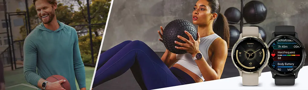 Homme avec ballon, femme avec poids, et deux montres intelligentes affichent des données de santé.