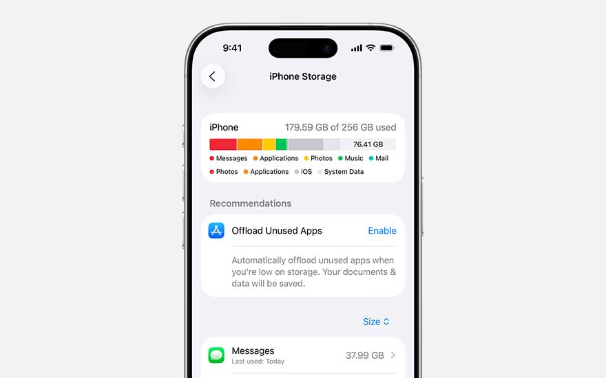 iPhone screen showing detailed storage usage bar and categories, with a recommendation to enable automatic offloading of unused applications.