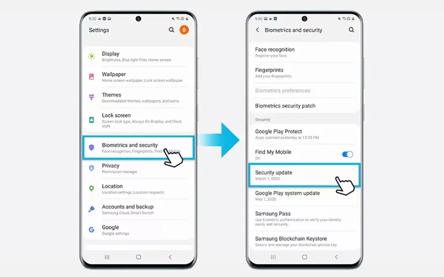 Deux smartphones affichent des menus de paramètres liés à la sécurité biométrique, avec une flèche bleue pointant vers la progression des étapes.