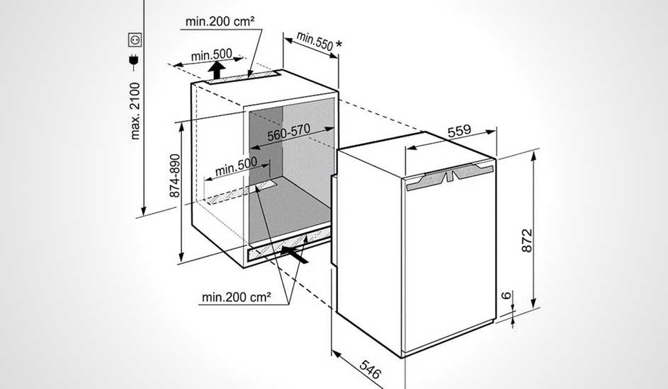 Schéma technique d'un lave-vaisselle blanc avec des dimensions en millimètres sur fond gris clair.