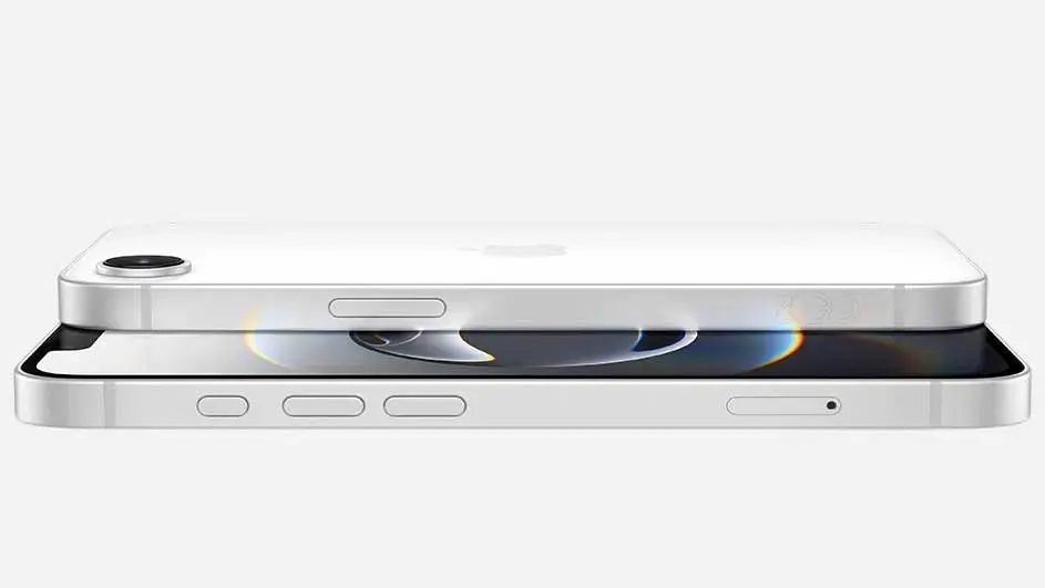 Twee witte smartphones liggen op elkaar tegen een witte achtergrond. Zicht op zijkanten met knoppen en camera.