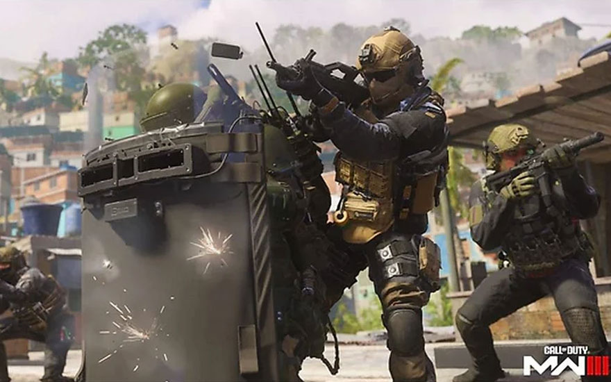 Een scène uit Call of Duty: Modern Warfare met bewapende figuren achter een schild, in een stedelijke omgeving.