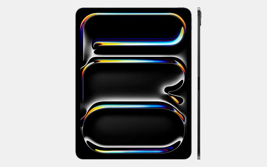 Une tablette fine, sans doute un iPad Pro, est présentée de face et de profil avec un fond d’écran graphique et coloré éclatant.