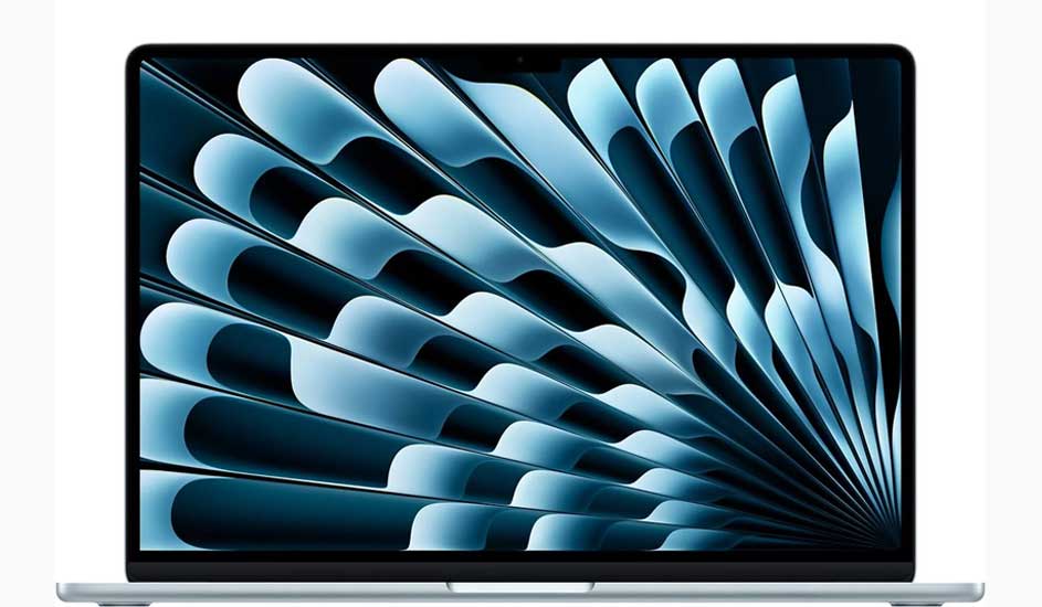 Een opengeklapte laptop met een blauw en zwart abstract patroon op het scherm.