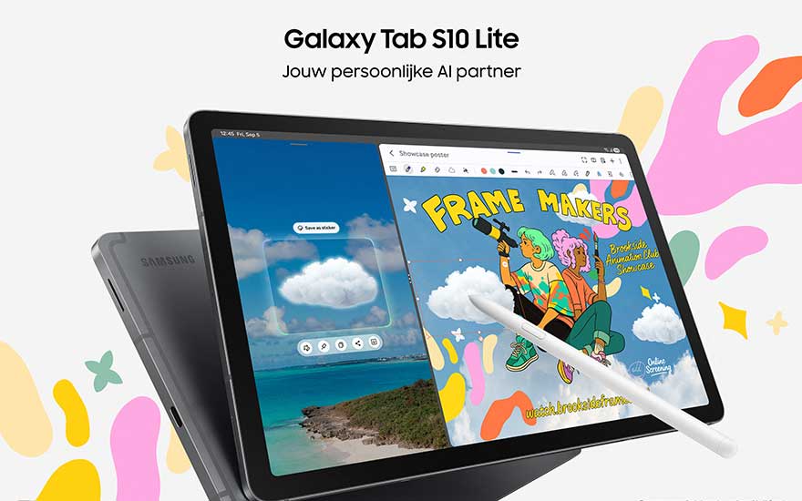 Tablet toont kleurrijke creatieve app met cartoon graphics en AI partner tekst op vrolijke achtergrond.