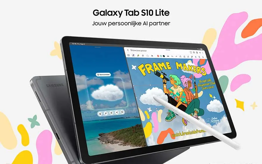 Tablet toont kleurrijke creatieve app met cartoon graphics en AI partner tekst op vrolijke achtergrond.