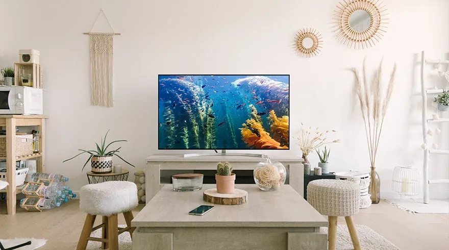 Woonkamer met tv waarop een onderwaterlandschap te zien is, houten meubels en decoratieve objecten tegen een witte achtergrond.