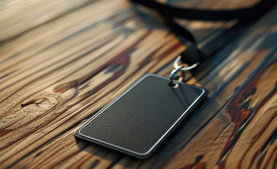 Un badge noir avec un cordon noir repose sur une table en bois marron et beige.