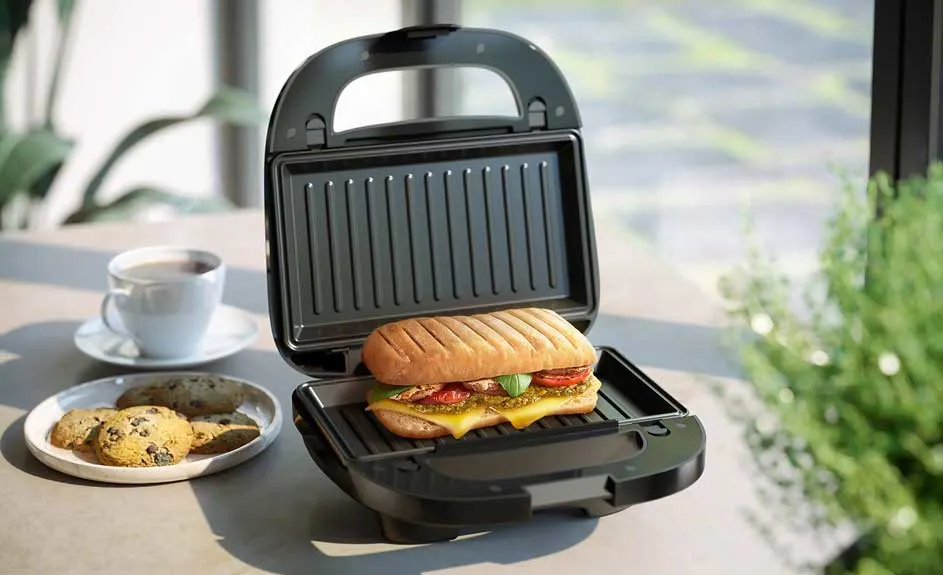 Un appareil à panini noir ouvert avec un sandwich, une tasse blanche et des biscuits sur une table grise. Il y a des plantes en arrière-plan.