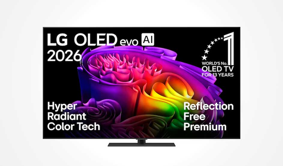 Een tv-advertentie toont een kleurrijke bloem op een scherm, met teksten over LG OLED evo AI 2026 en beeldkwaliteit.