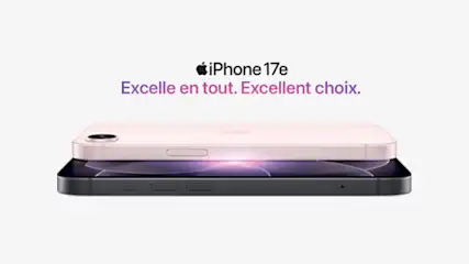 Deux iPhone 17e sont empilés, un modèle rose posé sur un noir, sous le slogan “Excelle en tout. Excellent choix.” sur fond blanc épuré.