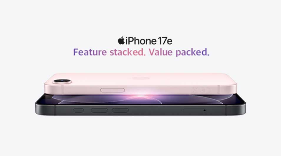 Two iPhone 17e handsets lie stacked, pink on black, with the slogan “Feature stacked. Value packed.” above them on a clean white background.