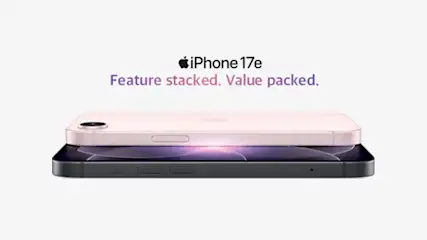 Two iPhone 17e handsets lie stacked, pink on black, with the slogan “Feature stacked. Value packed.” above them on a clean white background.
