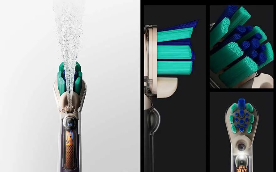 Een gedetailleerde doorsnede toont een elektrische tandenborstel met turquoise en blauwe borstelharen, waterstraal en interne onderdelen.